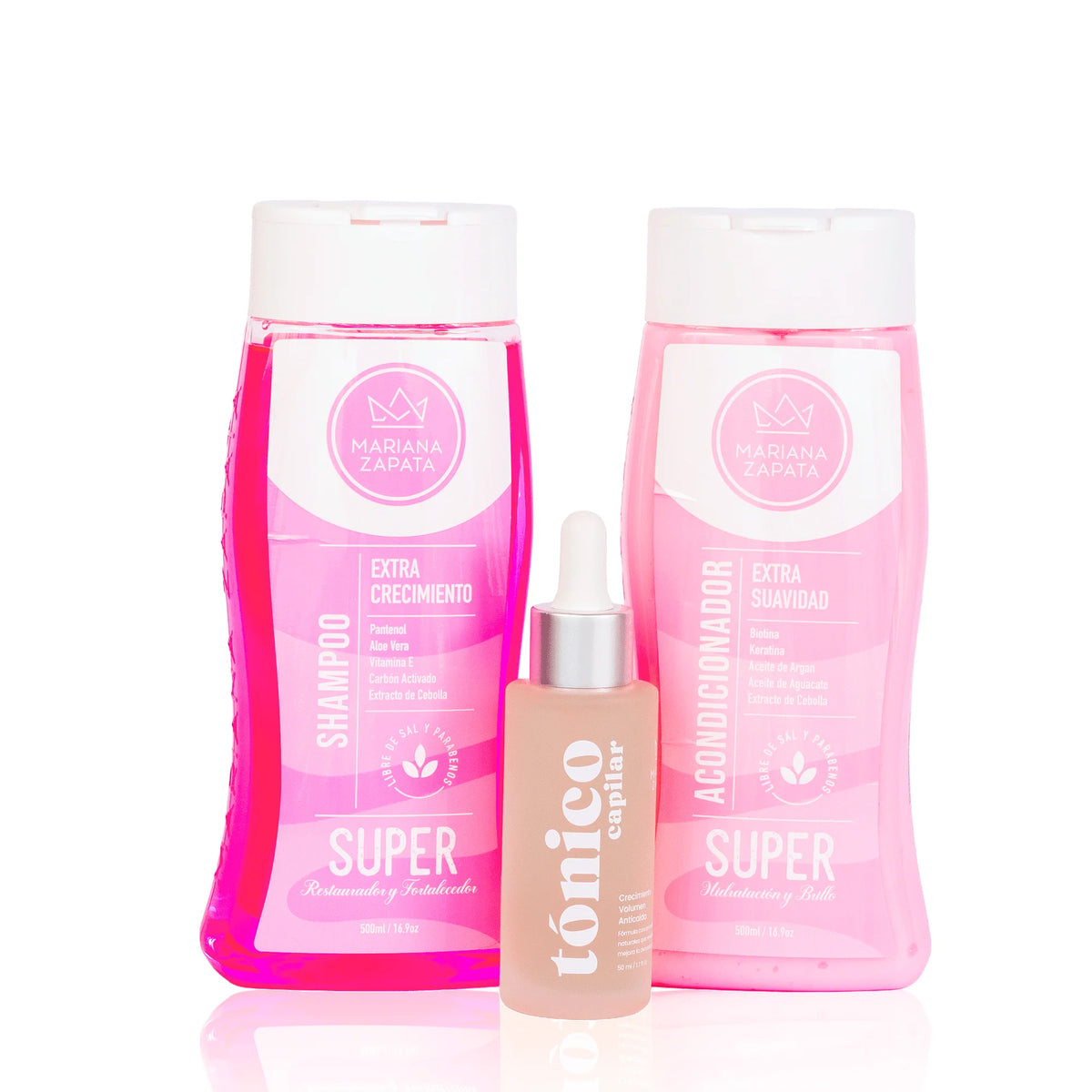 Kit Crecimiento, shampoo, acondicionador y tónico capilar, otra vista – By Mariana Zapata