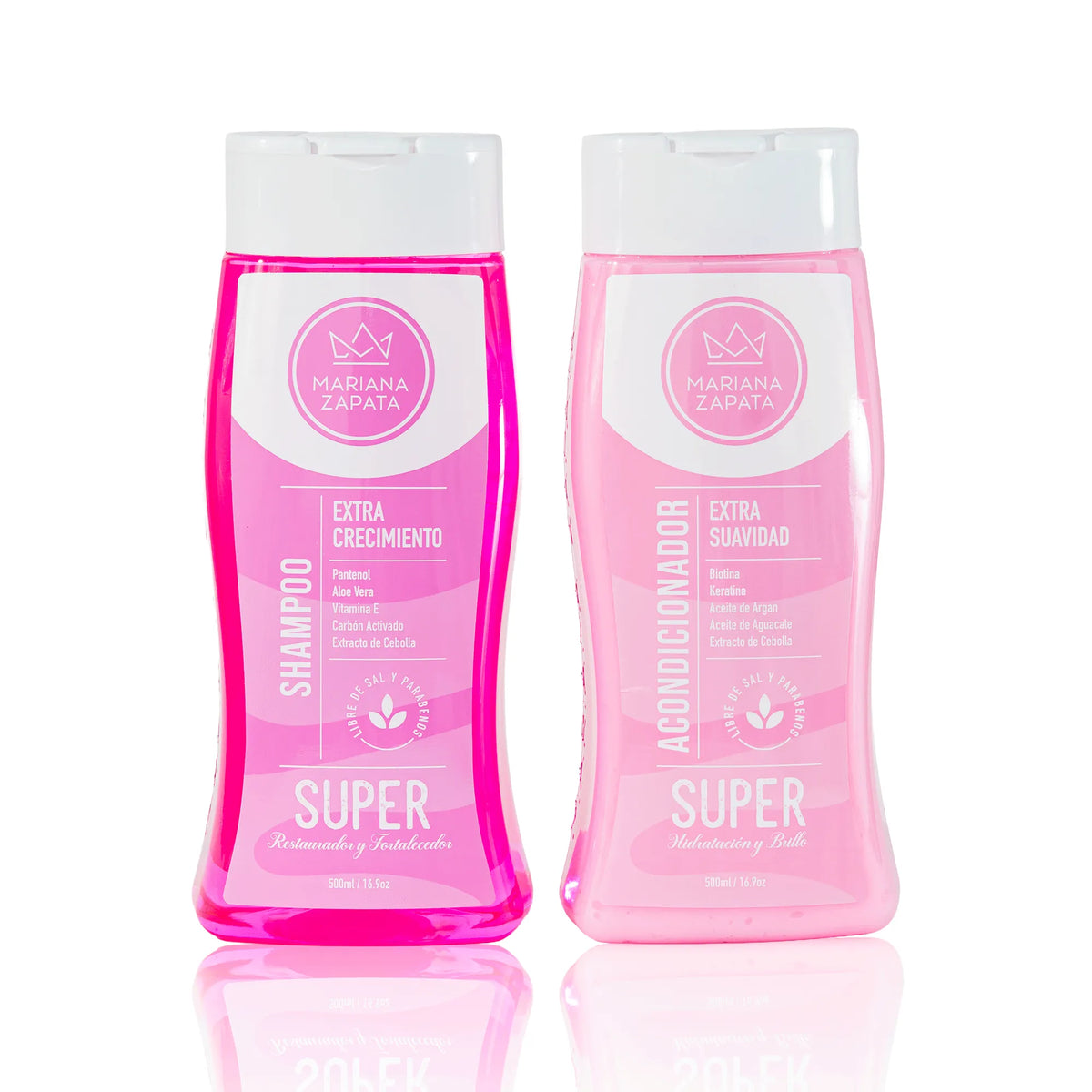 Kit Shampoo + Acondicionador, las dos botellas sobre fondo rosa – By Mariana Zapata