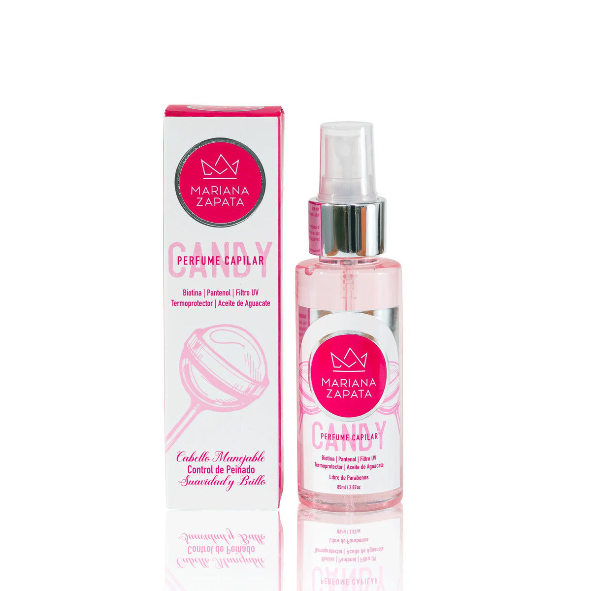 Perfume Capilar Candy, botella sobre fondo rosa – By Mariana Zapata