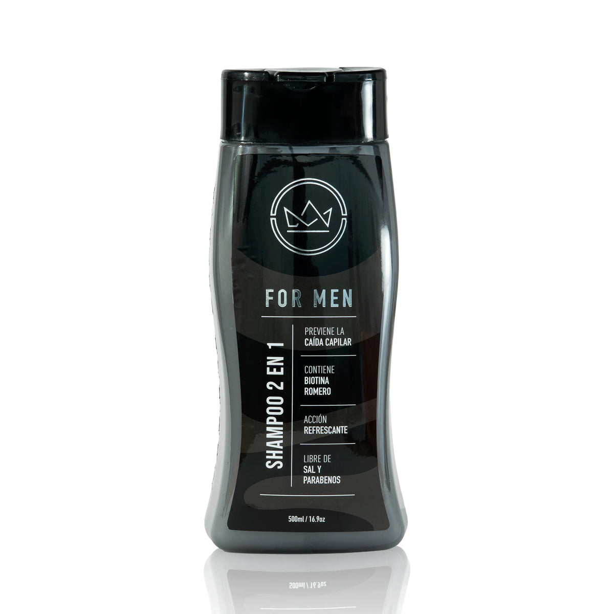 Shampoo Anticaída para Hombre, botella sobre fondo negro – By Mariana Zapata