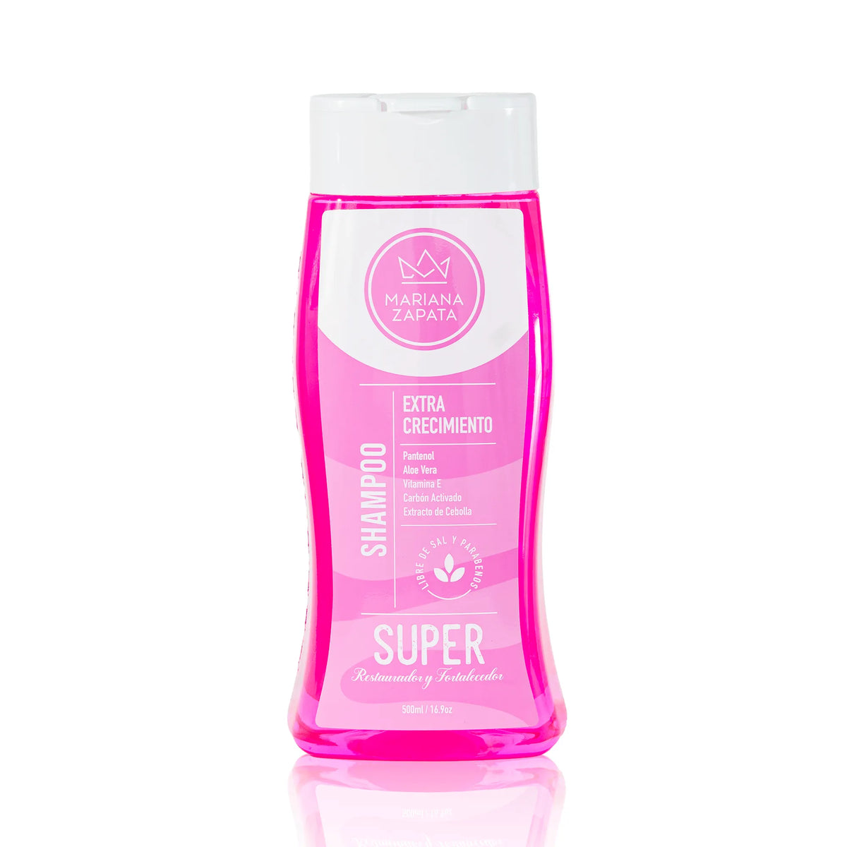 Shampoo Extra Crecimiento, botella sobre fondo rosa – By Mariana Zapata