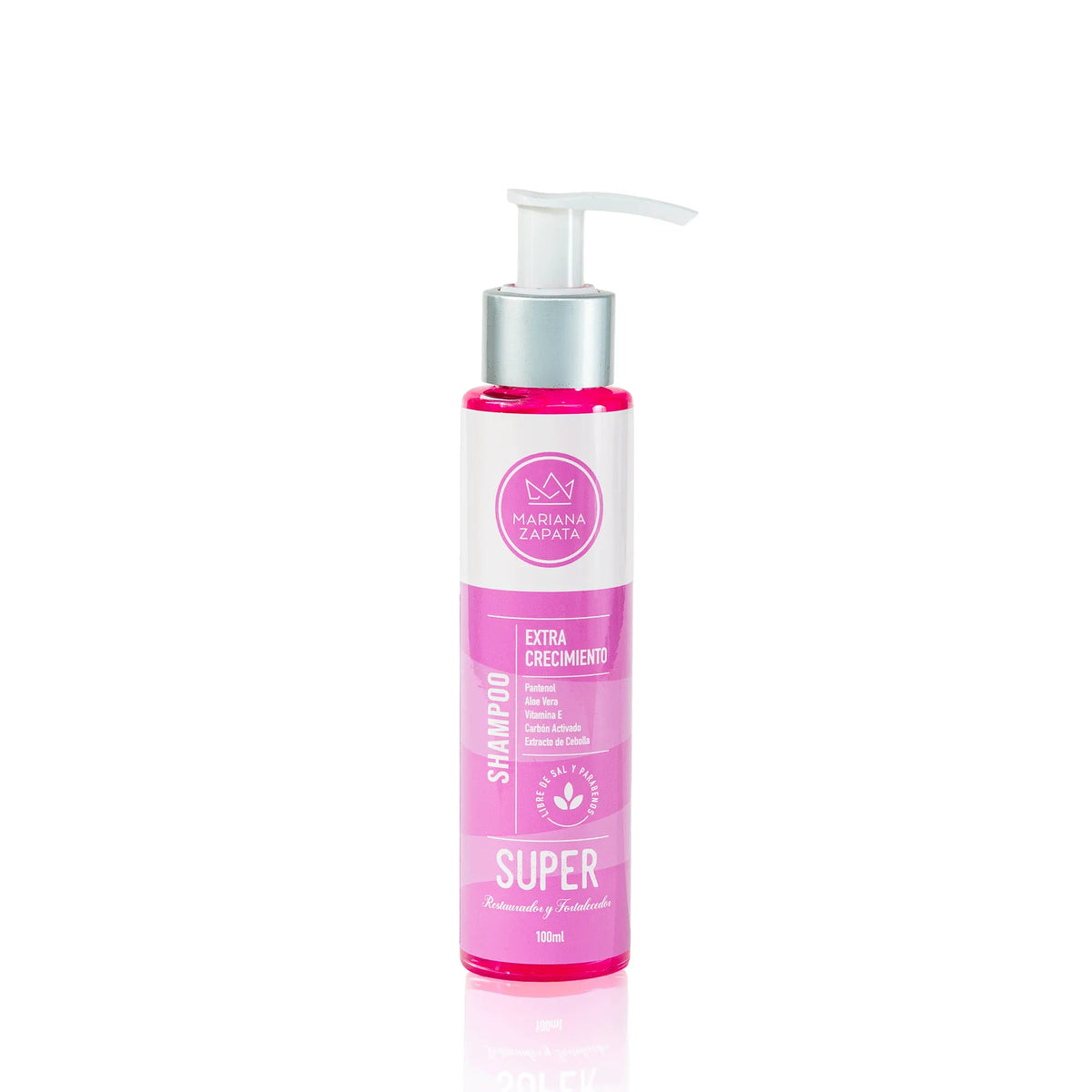 Shampoo Extra Crecimiento tamaño viajero, botella sobre fondo rosa – By Mariana Zapata