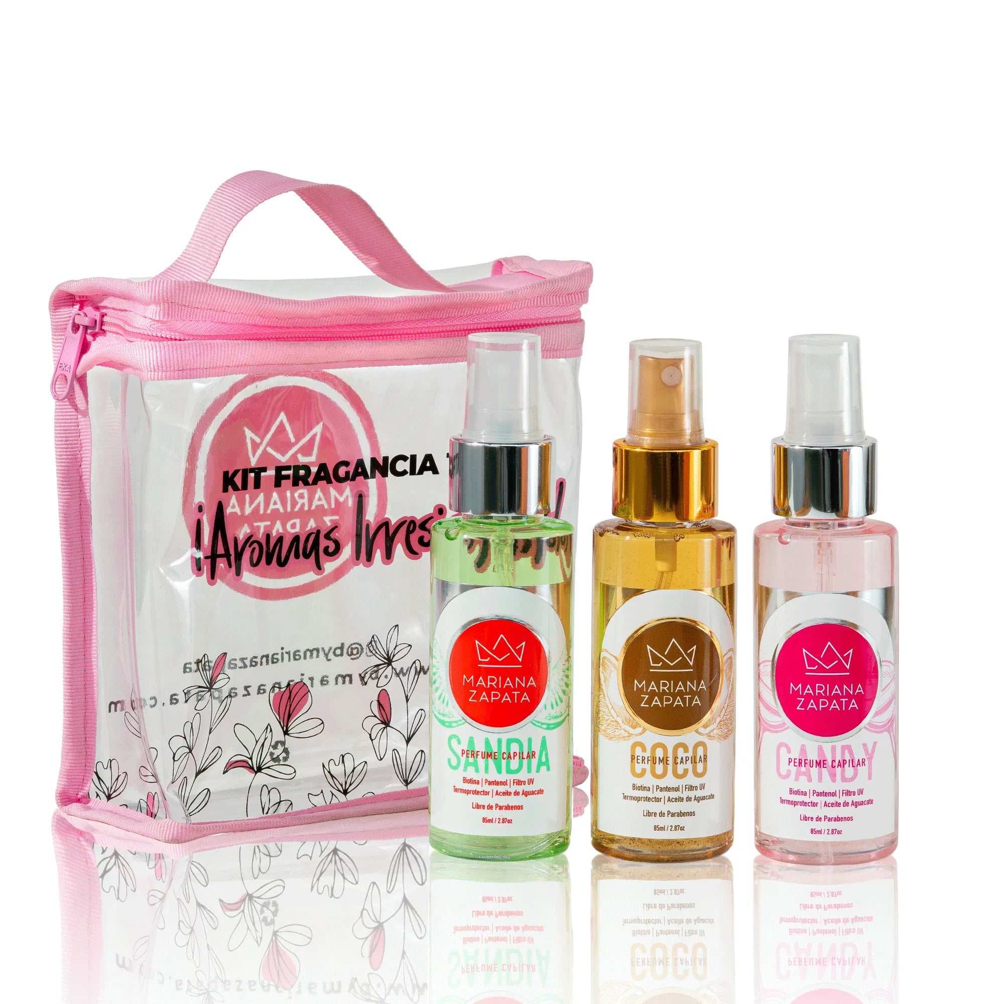 Kit Fragancia Total, un perfume capilar sobre fondo rosa – By Mariana Zapata