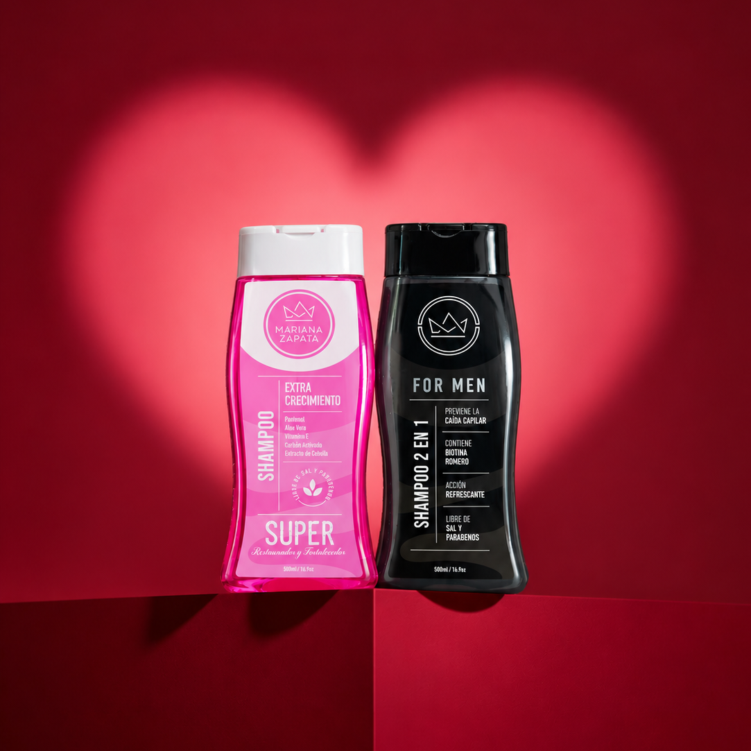 Kit Perfect Match, Shampoo Extra Crecimiento y Shampoo For Men juntos sobre fondo de corazón – By Mariana Zapata