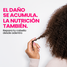 Gráfico: 'El daño se acumula, la nutrición también, repara tu cabello desde adentro' – By Mariana Zapata