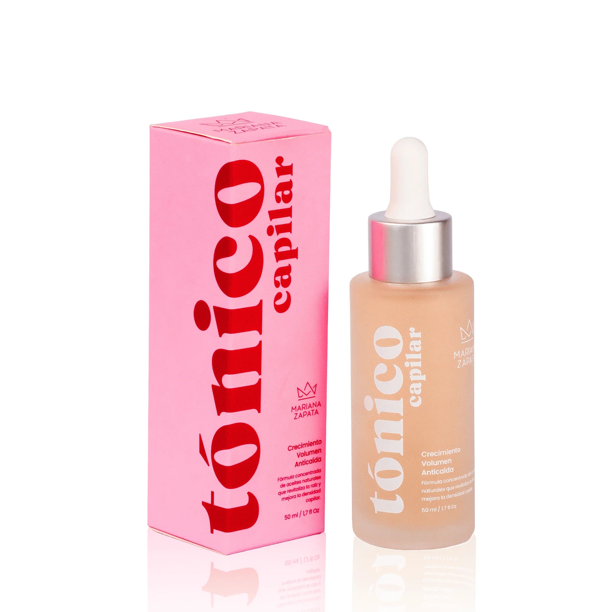 Tónico Capilar, botella con gotero sobre fondo rosa – By Mariana Zapata