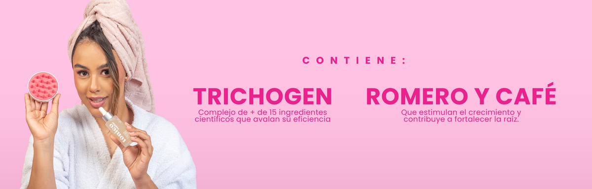 Gráfico: 'Contiene Trichogen, romero y café' — Tónico Capilar – By Mariana Zapata